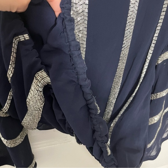 ALICE + OLIVIA Navy Silk 3/4 Sheer Sleeve Silver Beaded Blouse | size Small. - Picture 7 of 10